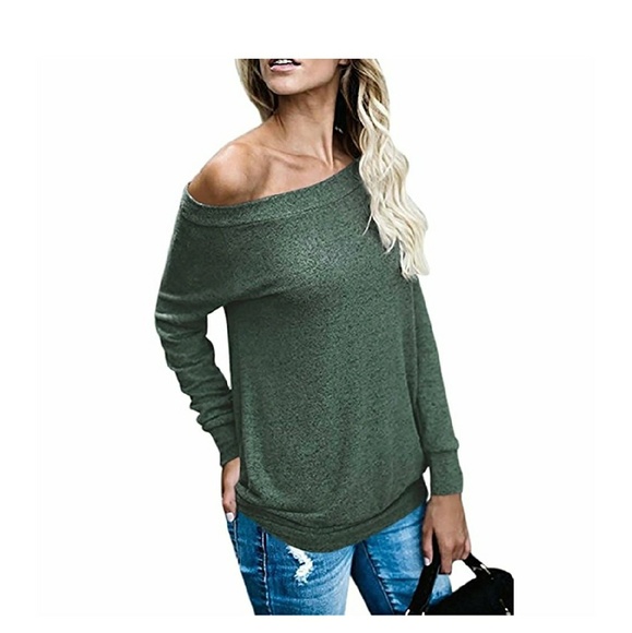 ARIANA Olive Green Off Shoulder Long Sleeve Top - Picture 2 of 5